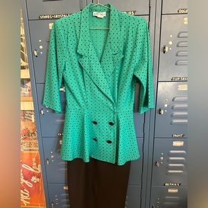 SOLD Vintage 90s Pleated Peplum Teal Polka Dot Midi Dress Retro SOLD